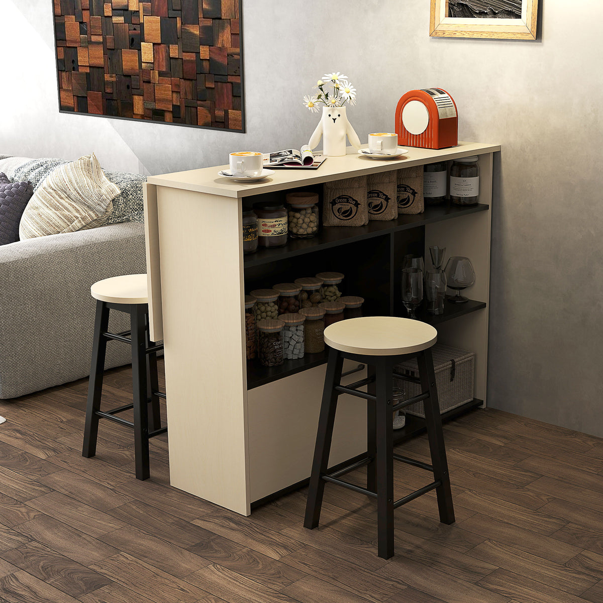 Bartisch-Set mit Klappplatte und 2 Barhockern
