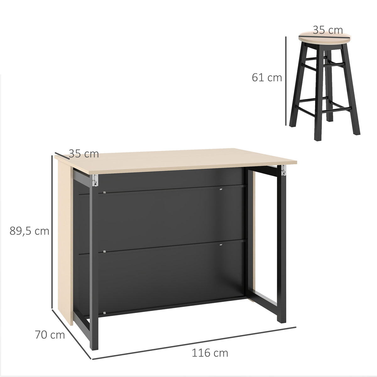 Bartisch-Set mit Klappplatte und 2 Barhockern