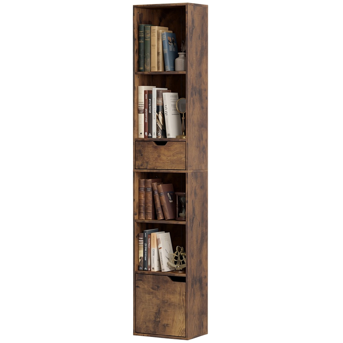 Schmales Bücherregal mit Schublade und Schrank