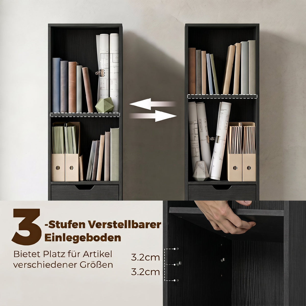 Schmales Bücherregal mit Schublade und Schrank