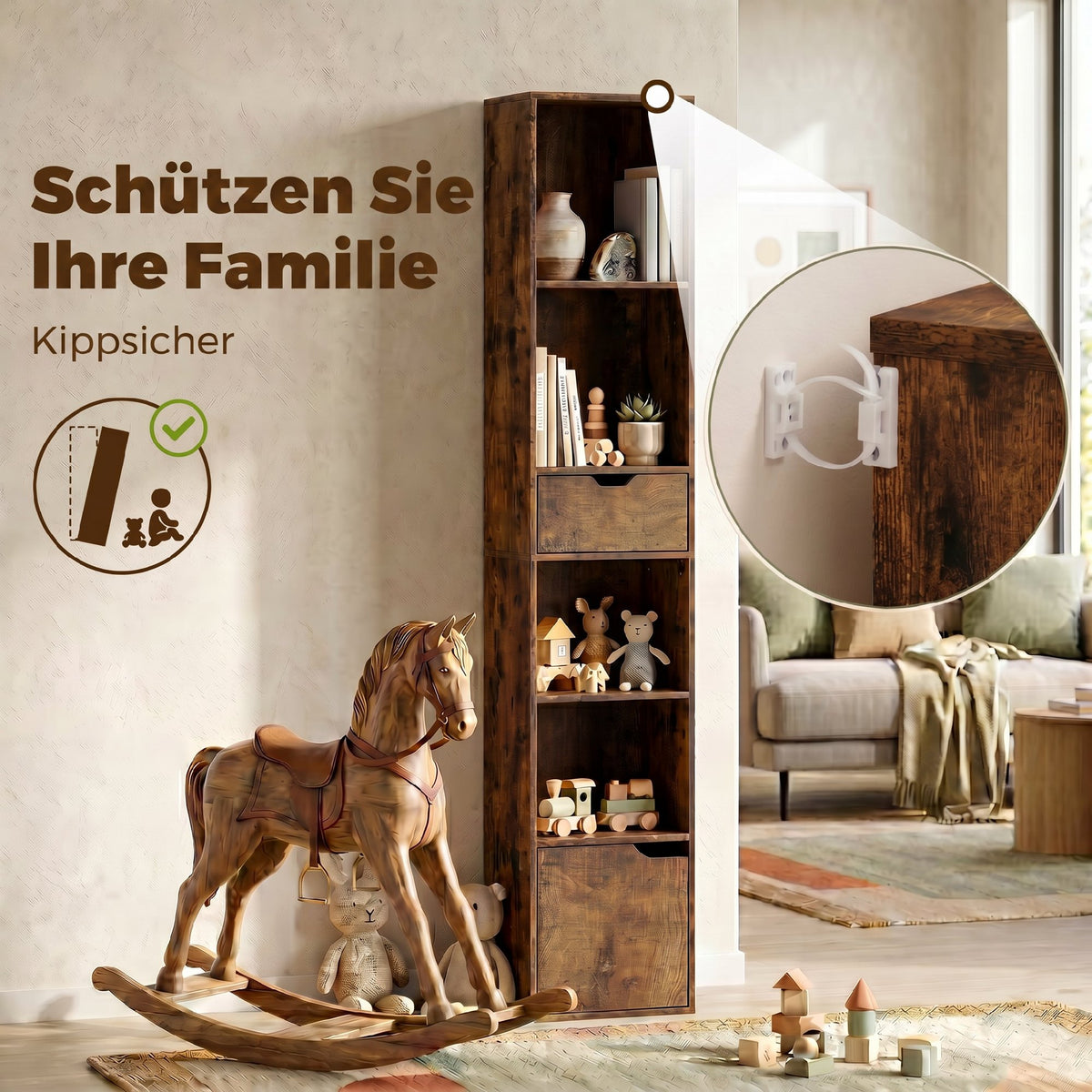 Schmales Bücherregal mit Schublade und Schrank