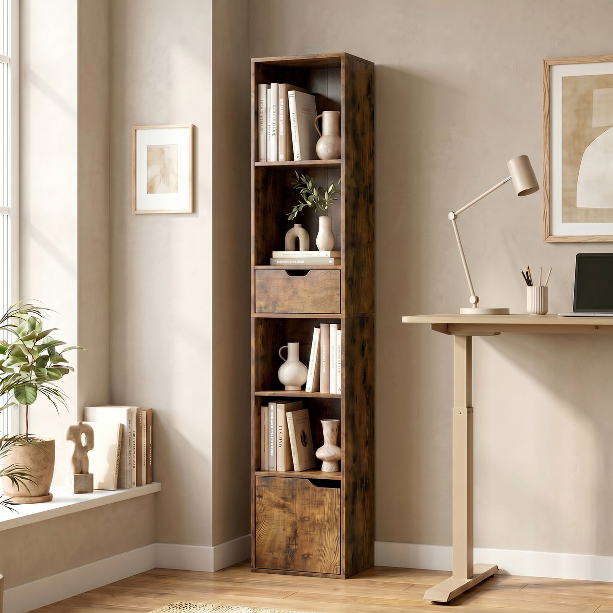 Schmales Bücherregal mit Schublade und Schrank