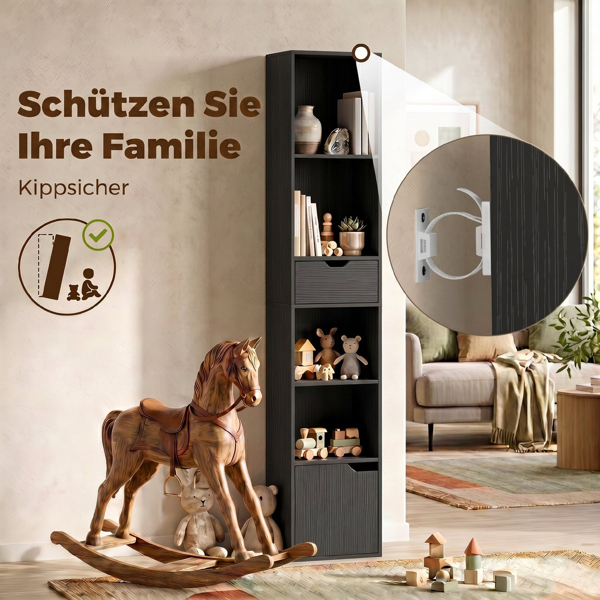 Schmales Bücherregal mit Schublade und Schrank