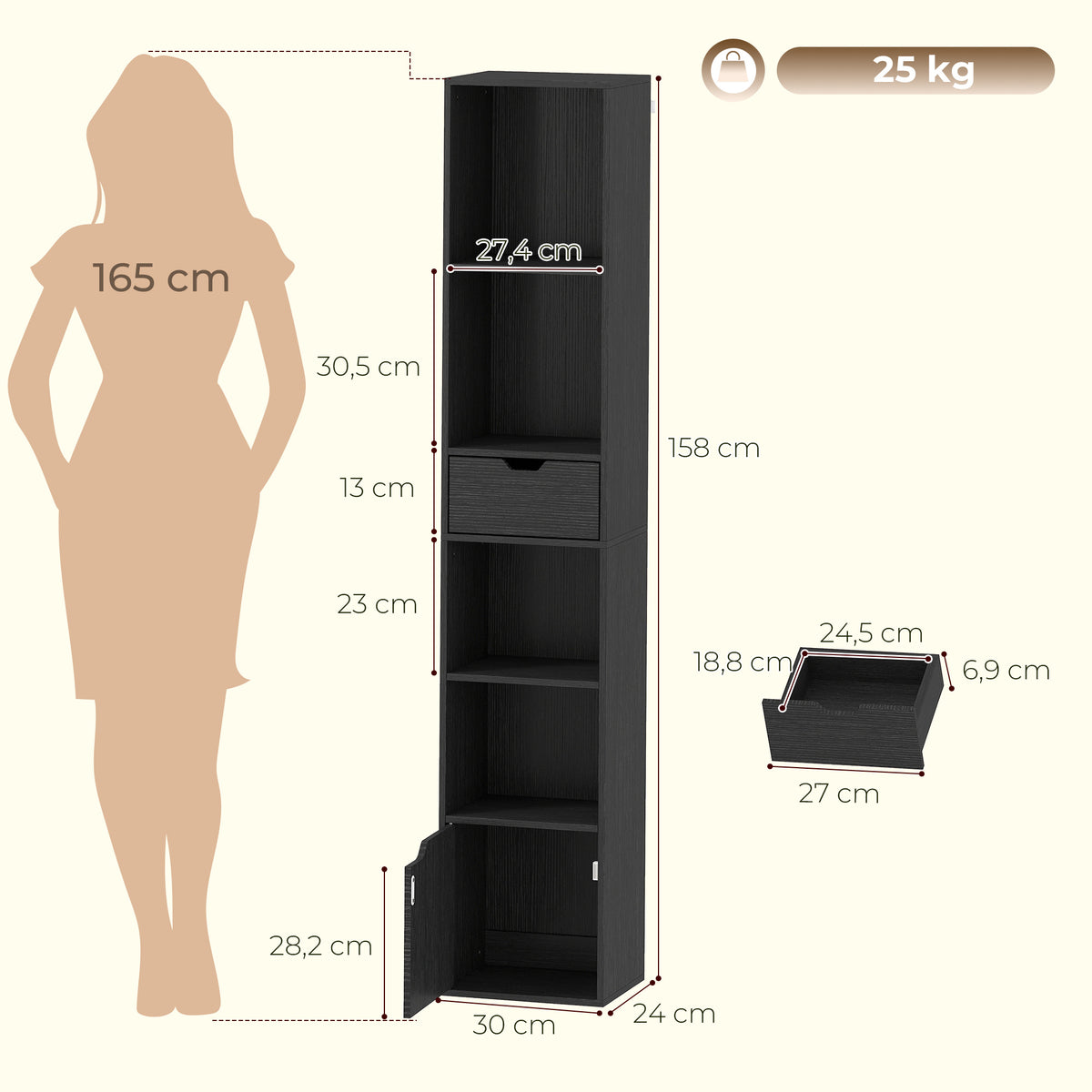 Schmales Bücherregal mit Schublade und Schrank