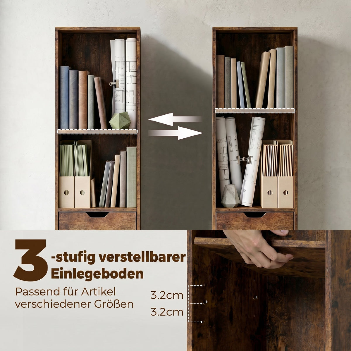 Schmales Bücherregal mit Schublade und Schrank