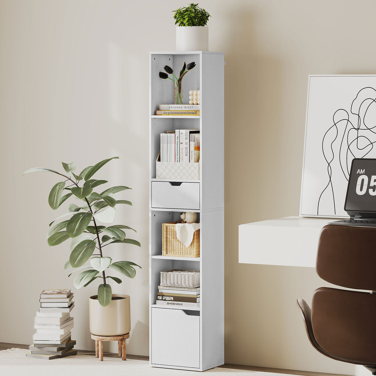 Schmales Bücherregal mit Schublade und Schrank