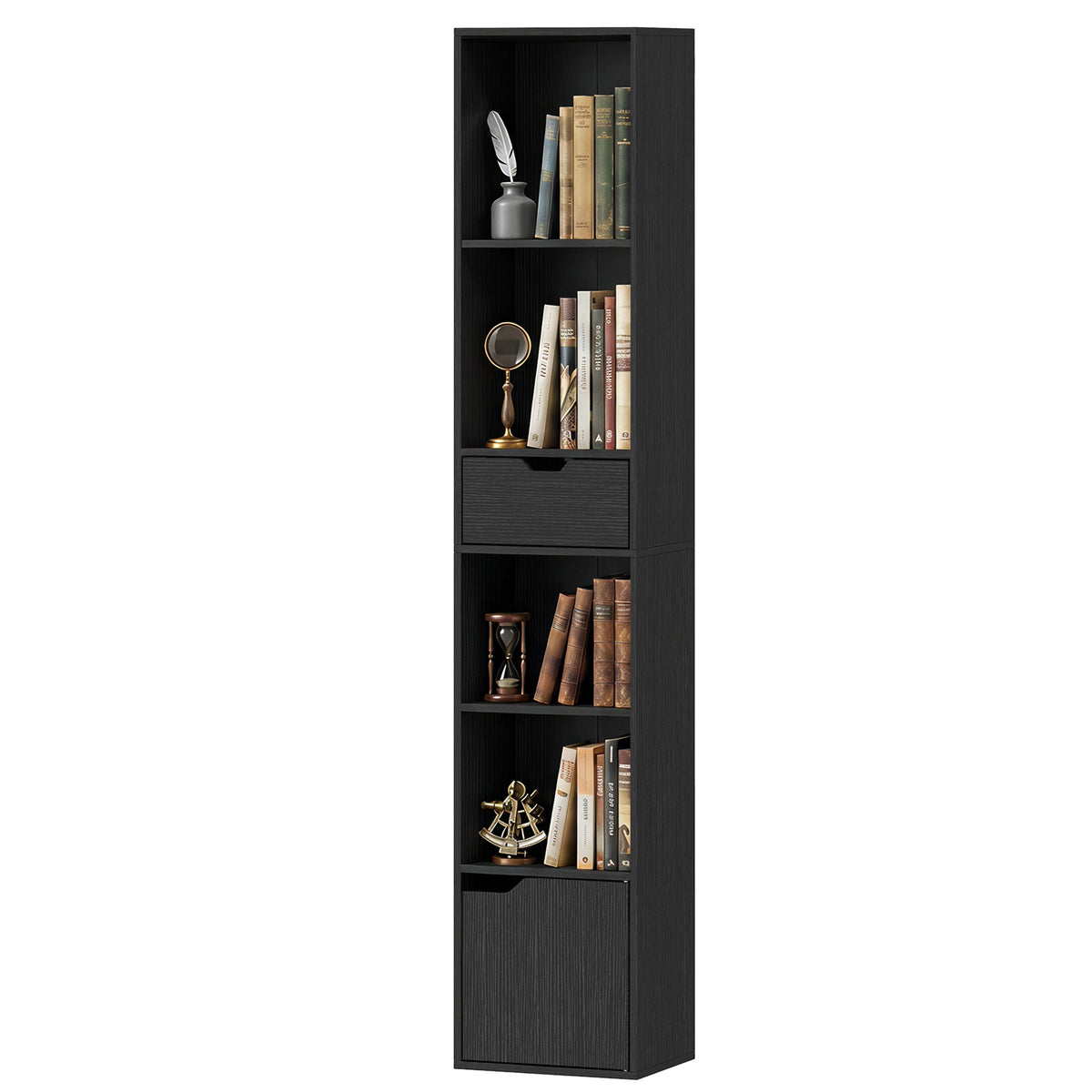 Schmales Bücherregal mit Schublade und Schrank
