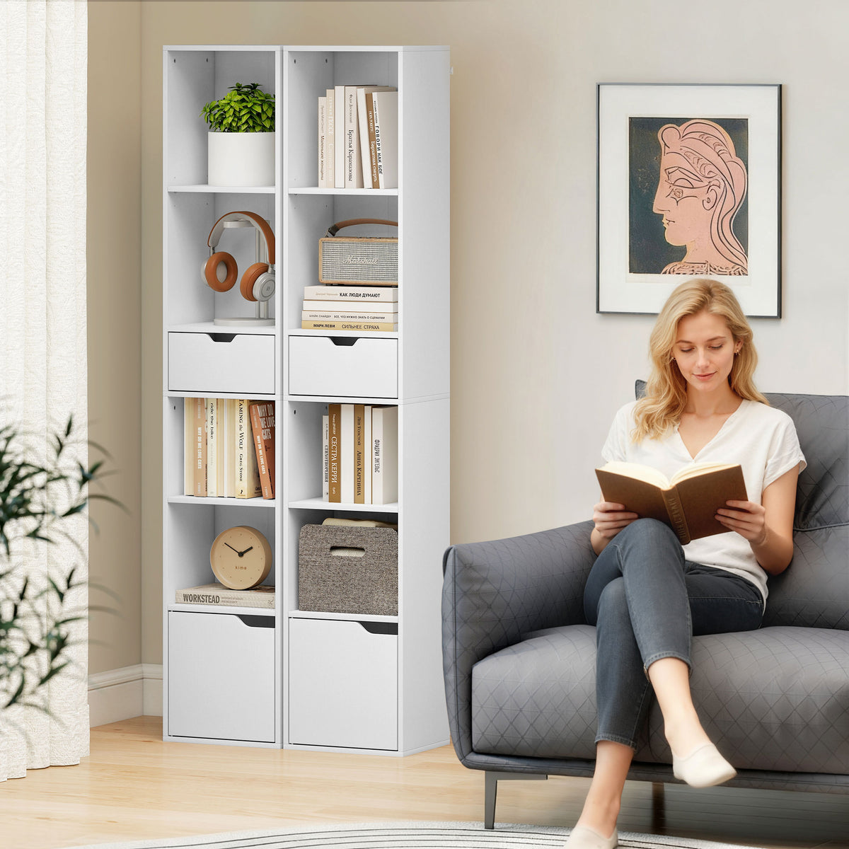 Schmales Bücherregal mit Schublade und Schrank
