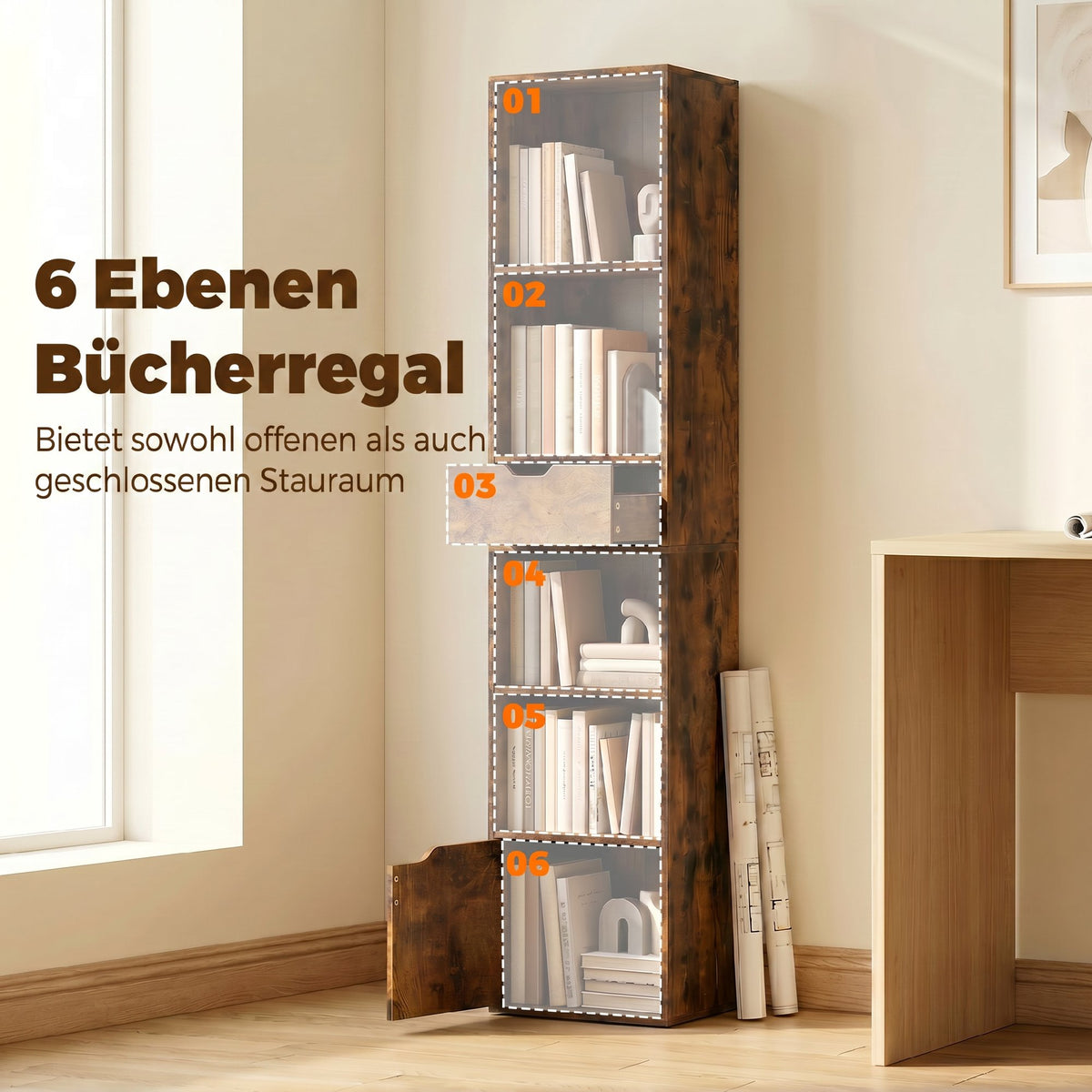 Schmales Bücherregal mit Schublade und Schrank