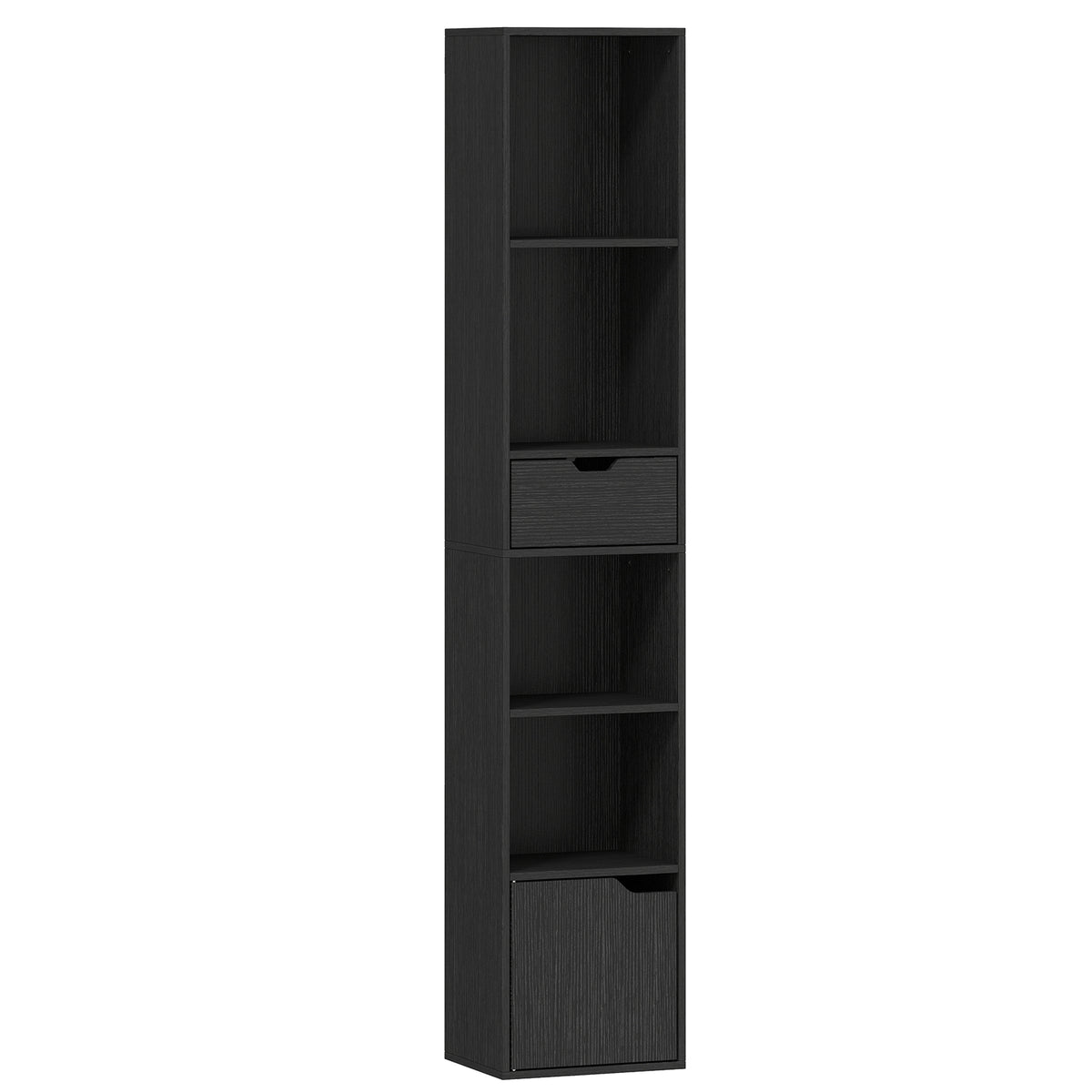 Schmales Bücherregal mit Schublade und Schrank