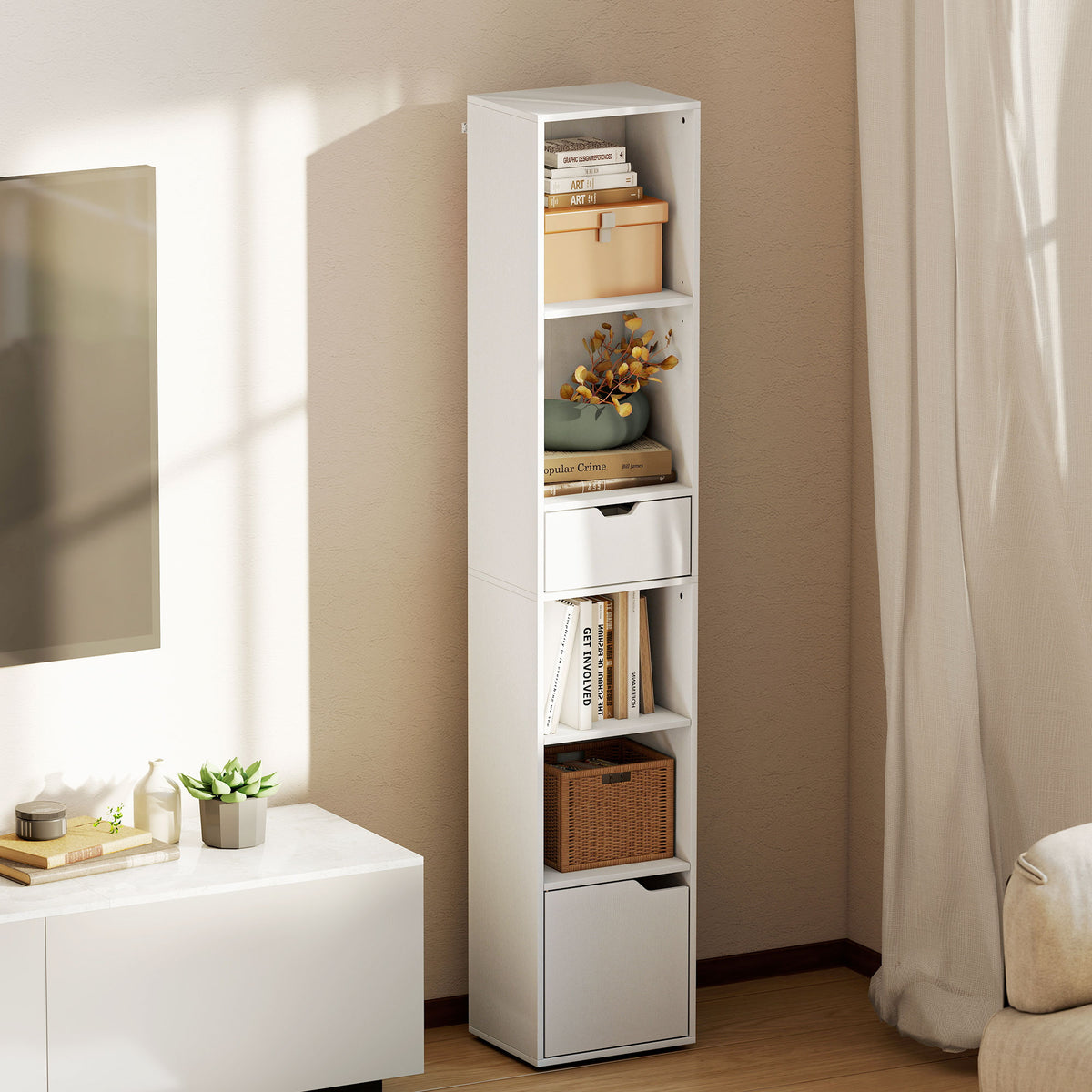 Schmales Bücherregal mit Schublade und Schrank