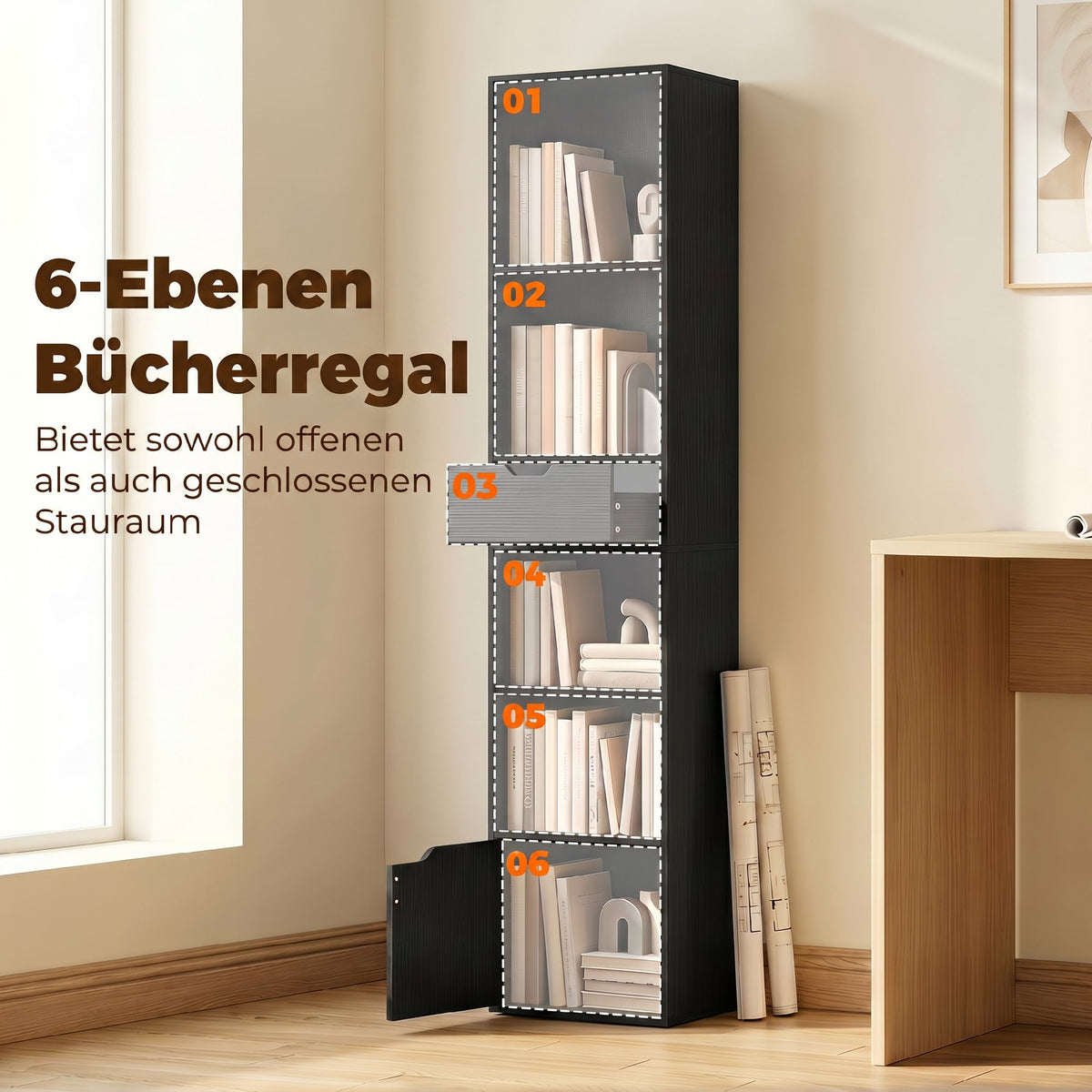 Schmales Bücherregal mit Schublade und Schrank