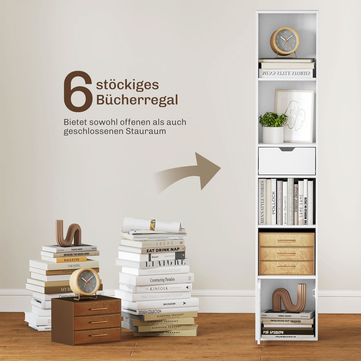 Schmales Bücherregal mit Schublade und Schrank