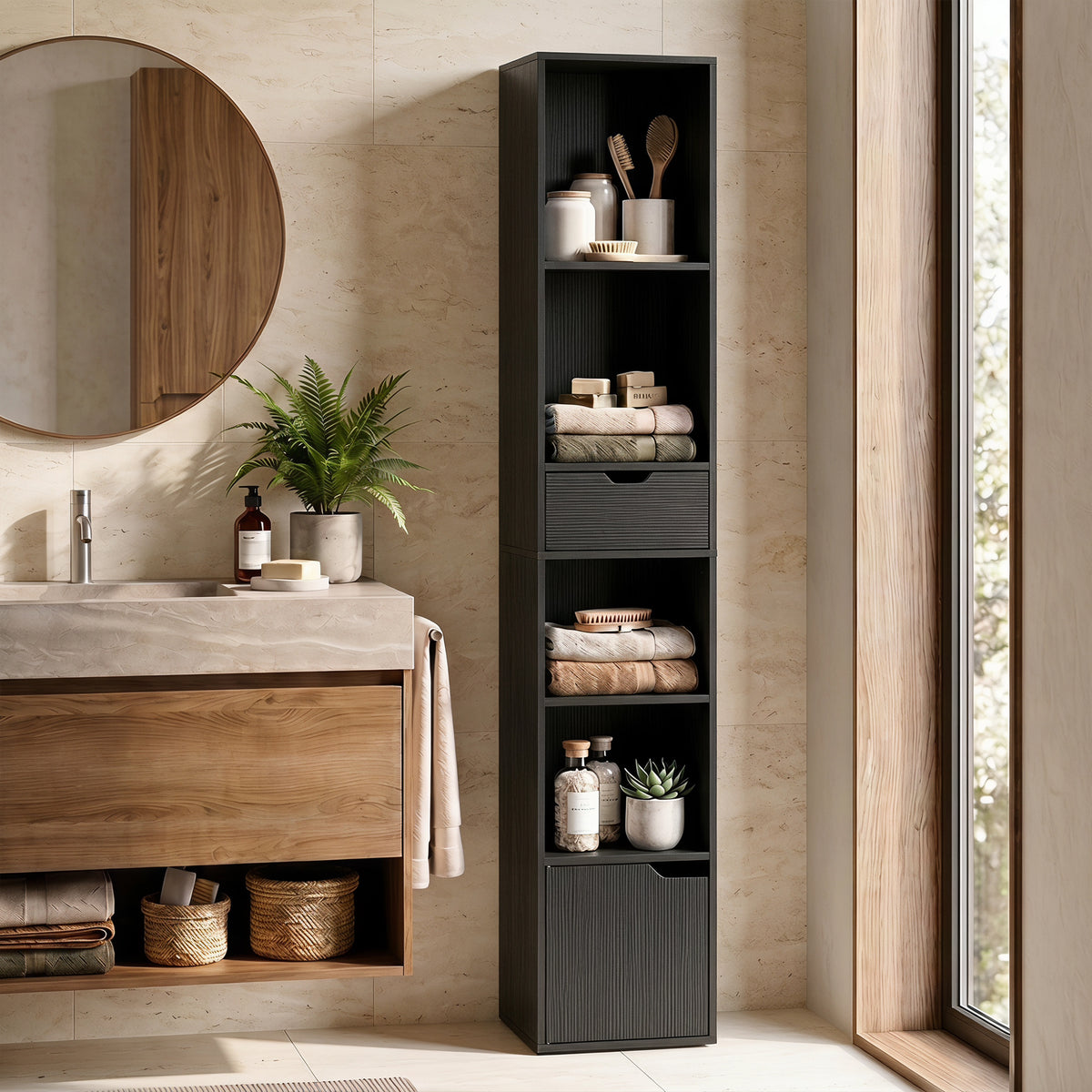 Schmales Bücherregal mit Schublade und Schrank
