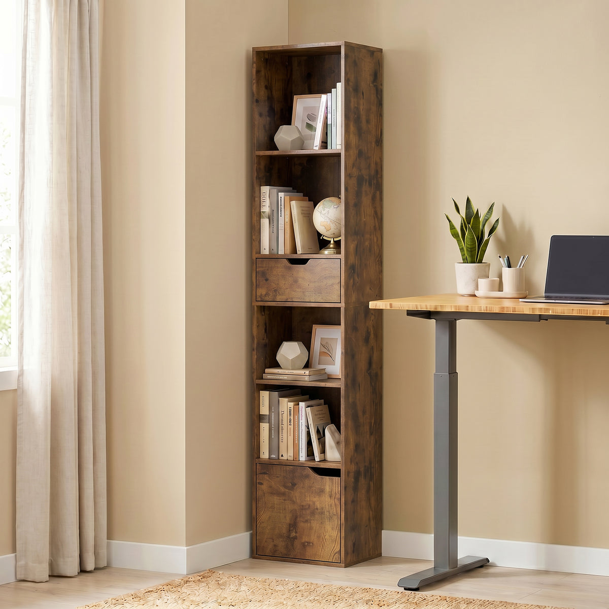 Schmales Bücherregal mit Schublade und Schrank