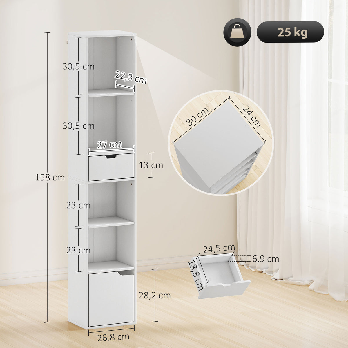 Schmales Bücherregal mit Schublade und Schrank