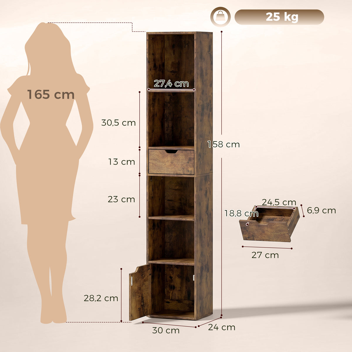 Schmales Bücherregal mit Schublade und Schrank