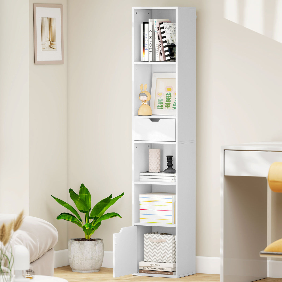 Schmales Bücherregal mit Schublade und Schrank