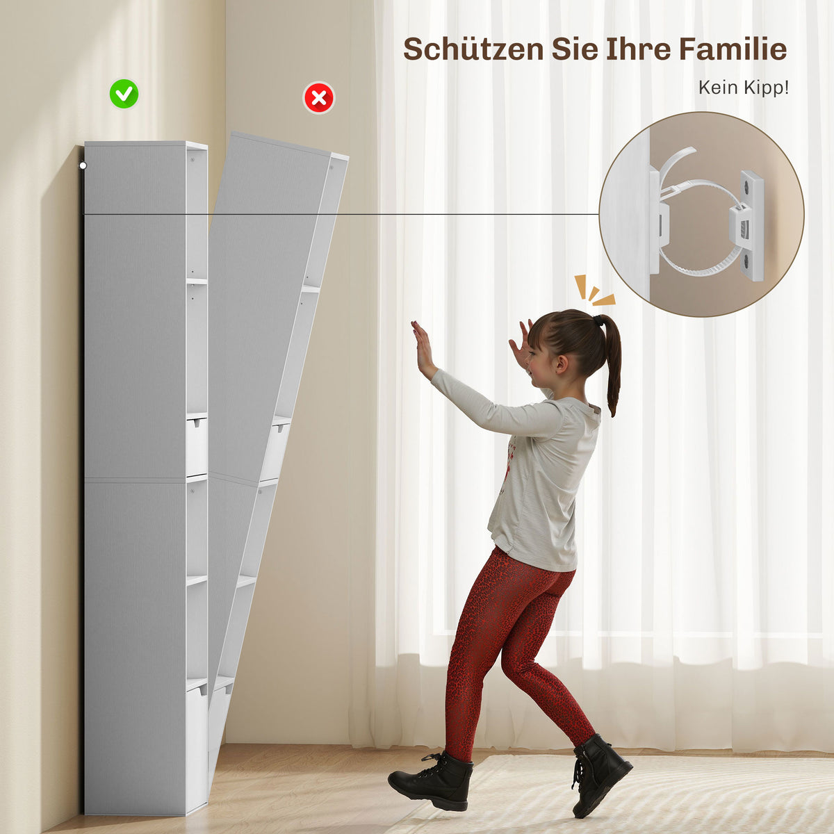 Schmales Bücherregal mit Schublade und Schrank