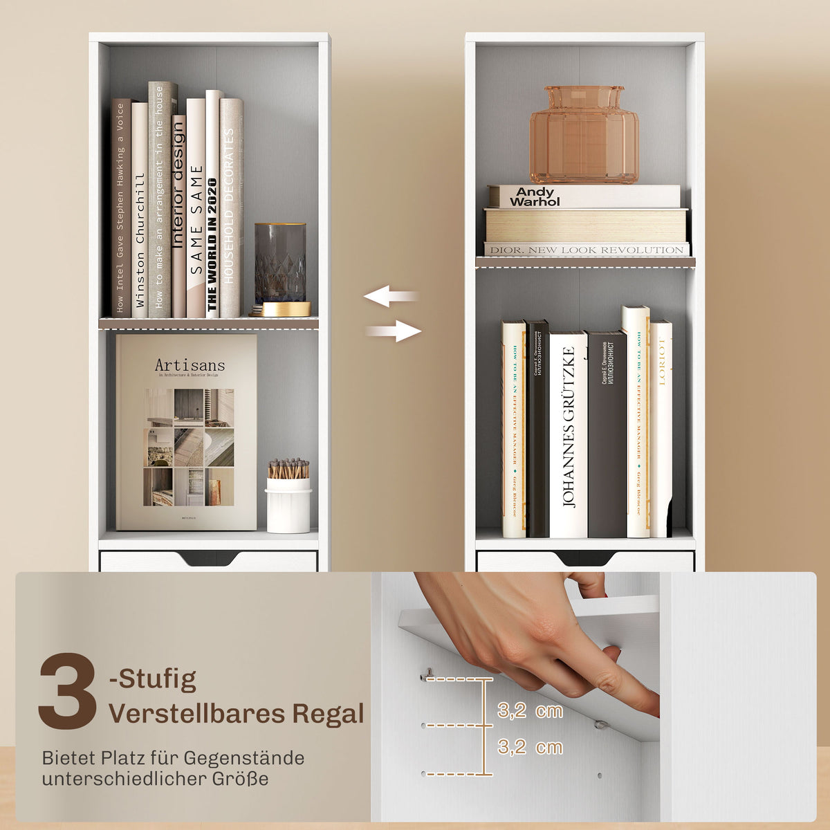 Schmales Bücherregal mit Schublade und Schrank