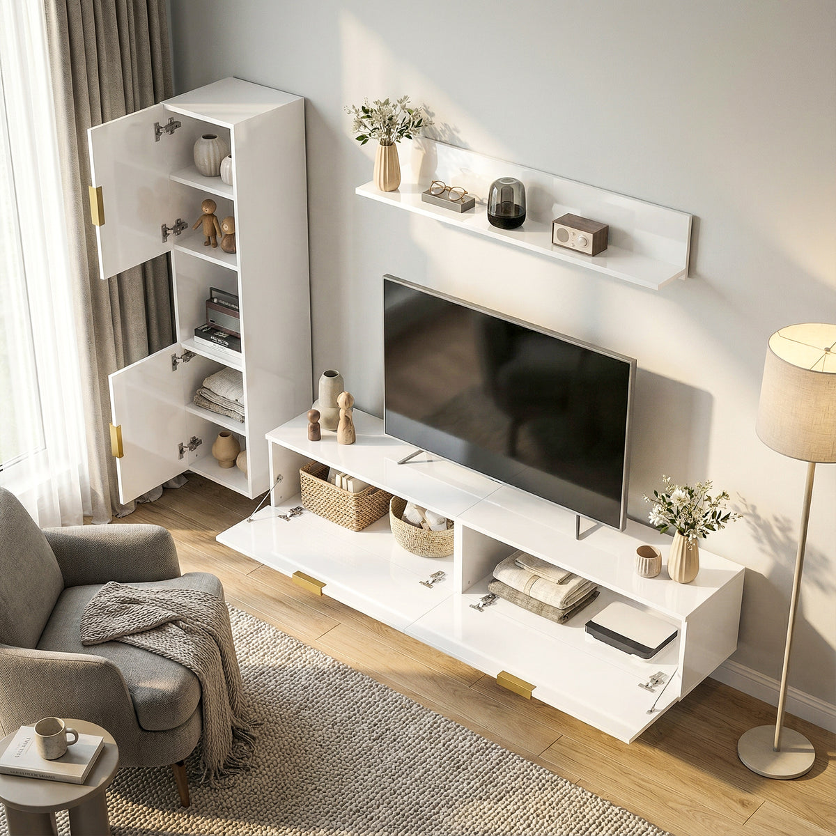 Dreiteiliges schwebendes TV-Schrank-Set mit Wandregal