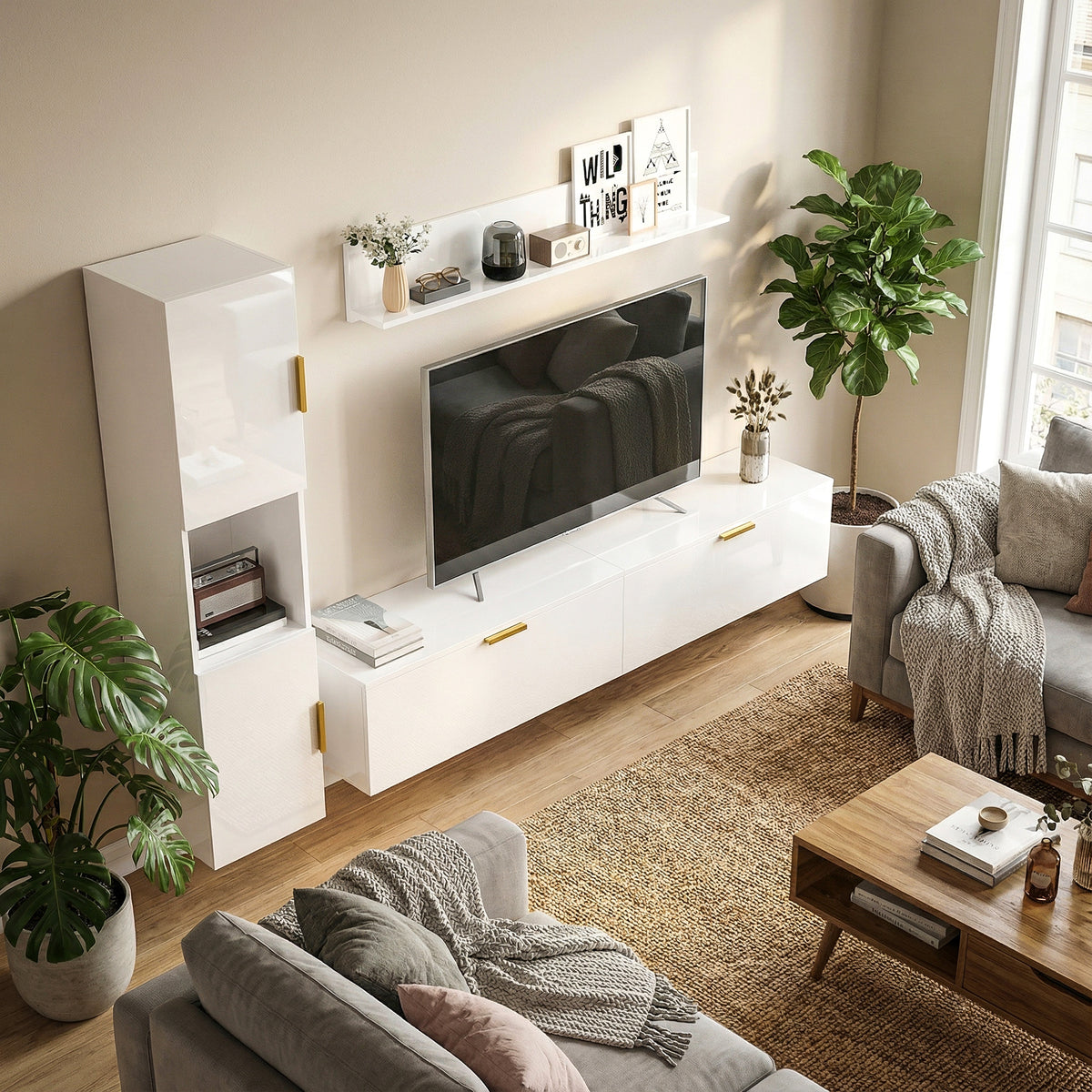 Dreiteiliges schwebendes TV-Schrank-Set mit Wandregal