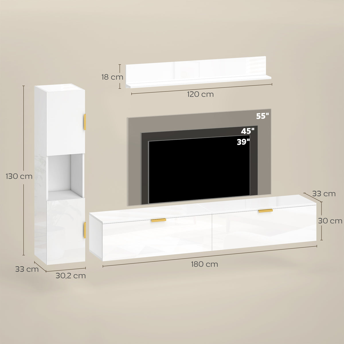 Dreiteiliges schwebendes TV-Schrank-Set mit Wandregal