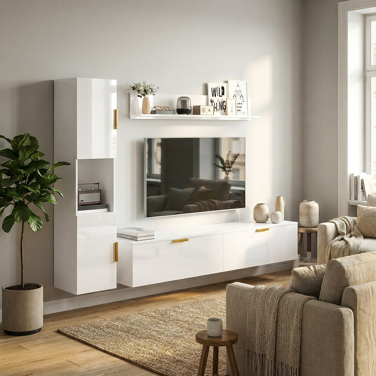 Dreiteiliges schwebendes TV-Schrank-Set mit Wandregal