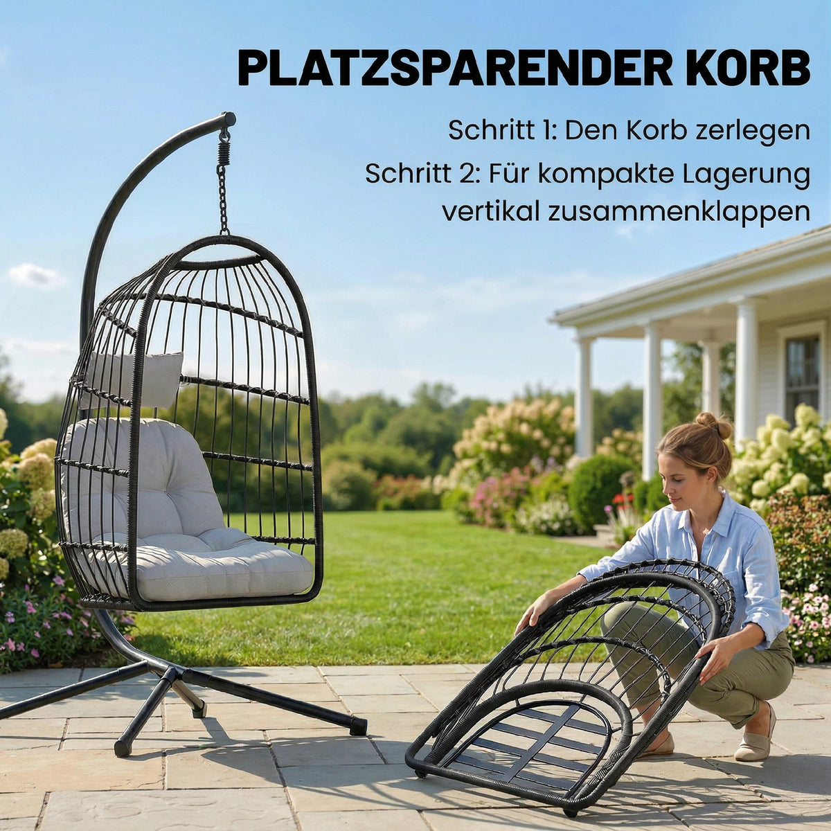Hängesessel mit Gestell, Kissen und verstellbarer Kette