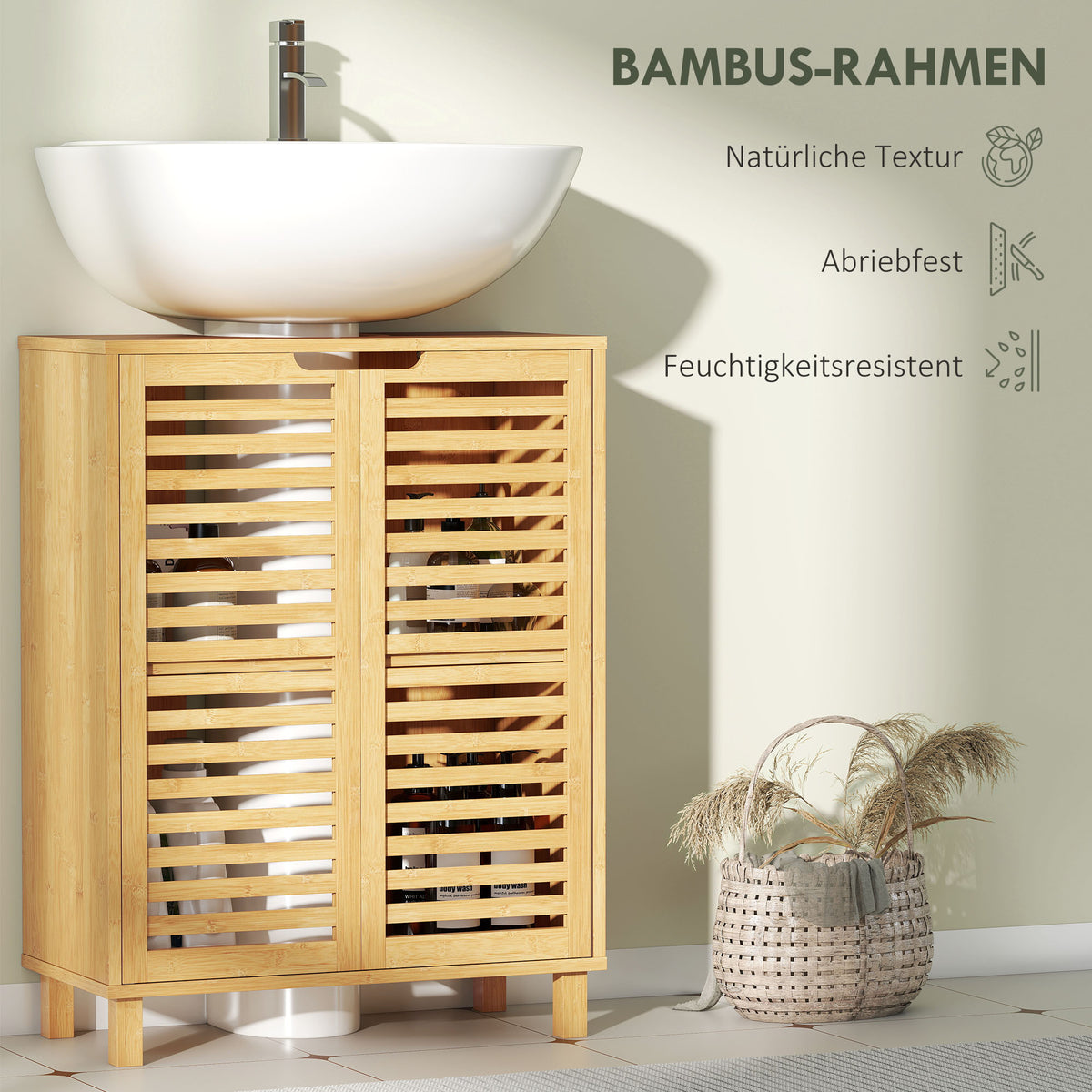 Badezimmerschrank mit Lamellentüren aus Bambus
