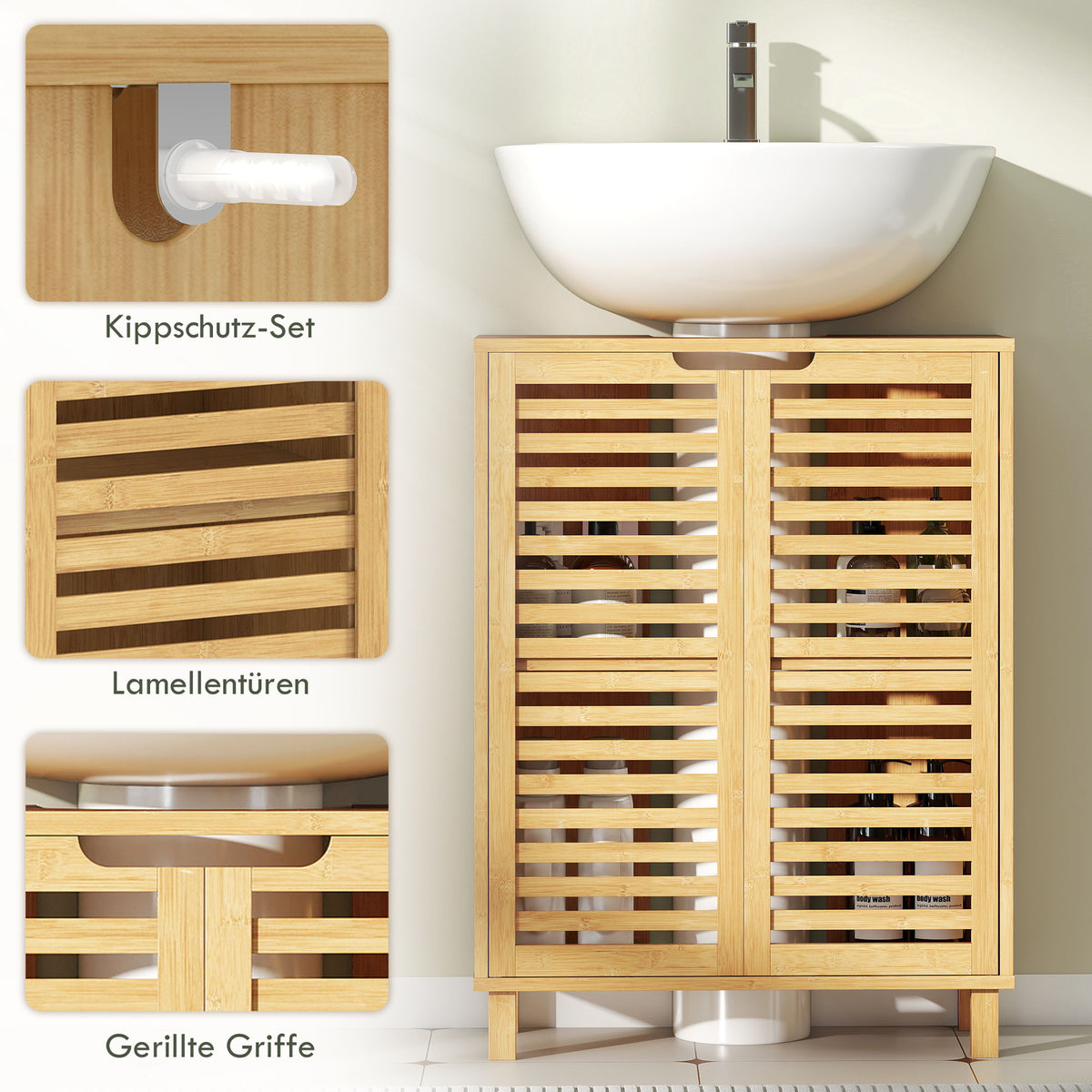 Badezimmerschrank mit Lamellentüren aus Bambus