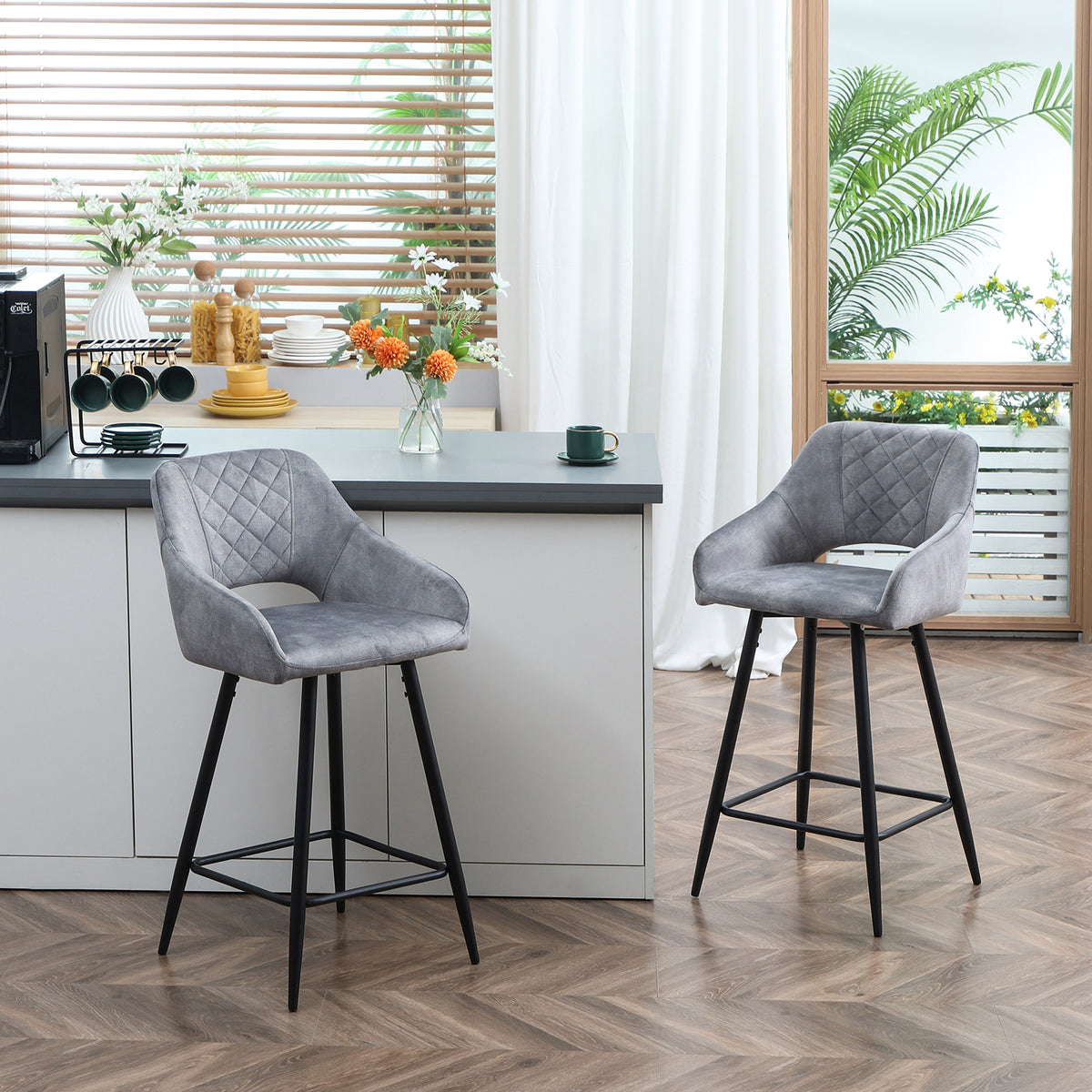 2er-Set Barhocker in Samtoptik mit Rückenlehne
