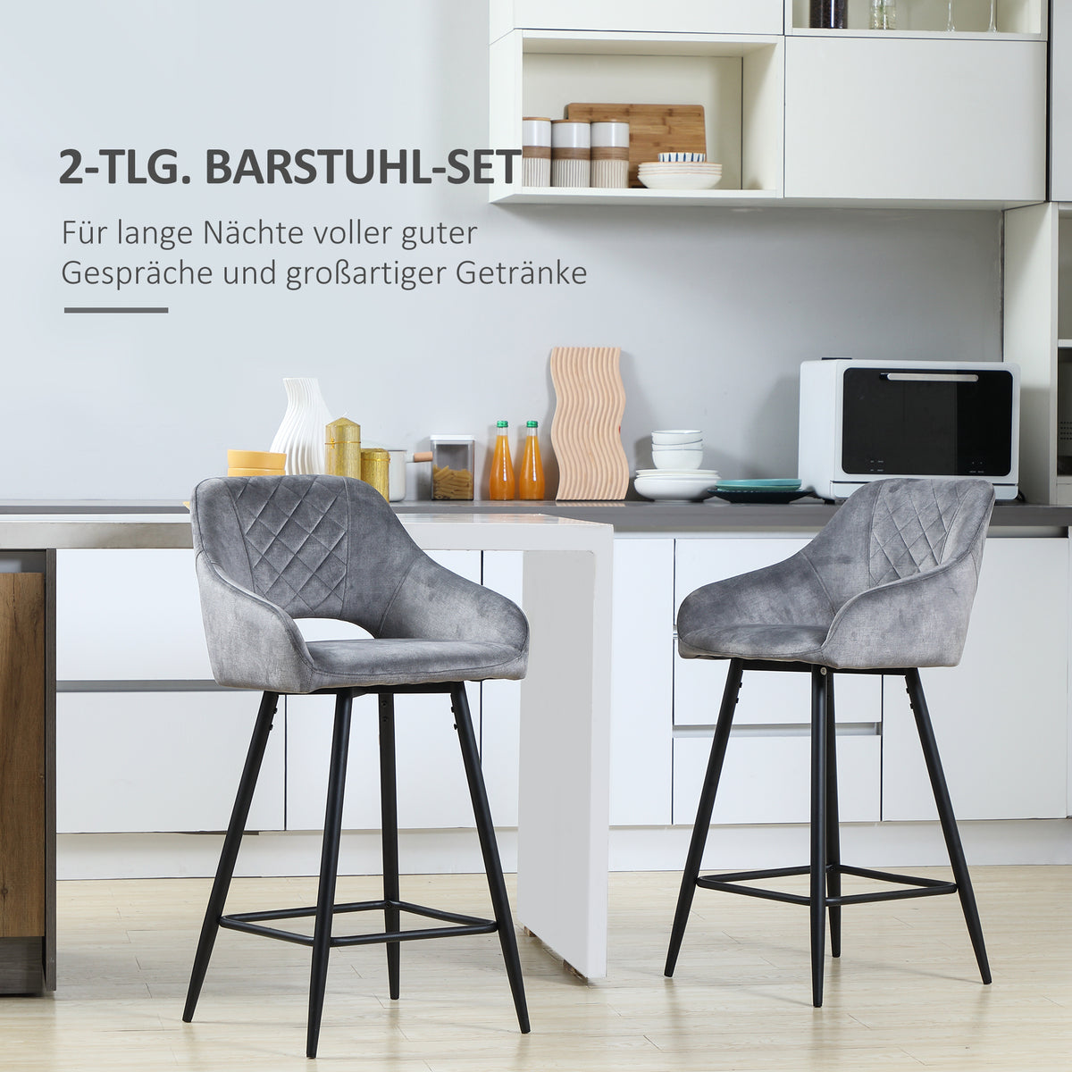 2er-Set Barhocker in Samtoptik mit Rückenlehne