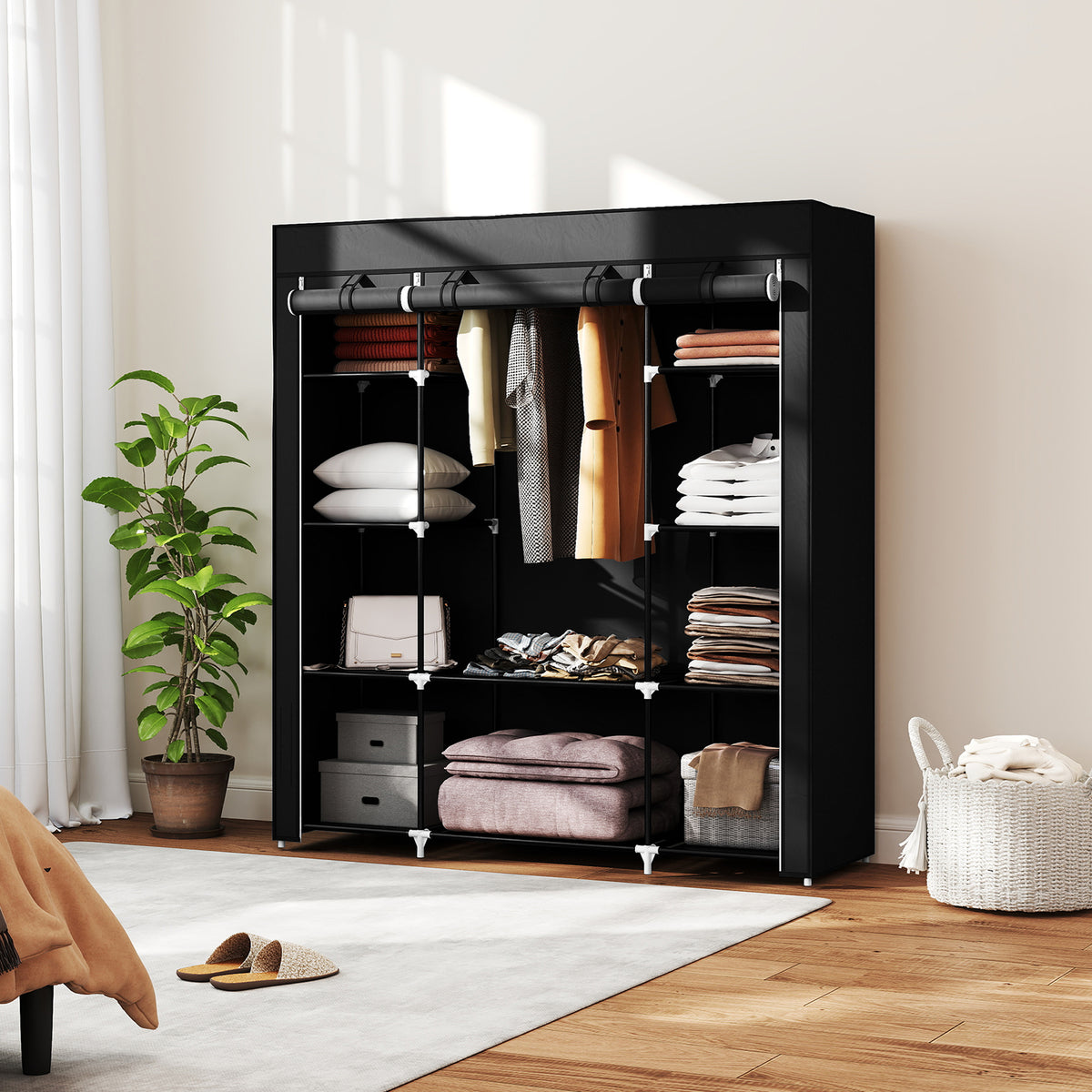 Stoffschrank mit Kleiderstange und 10 Fächern