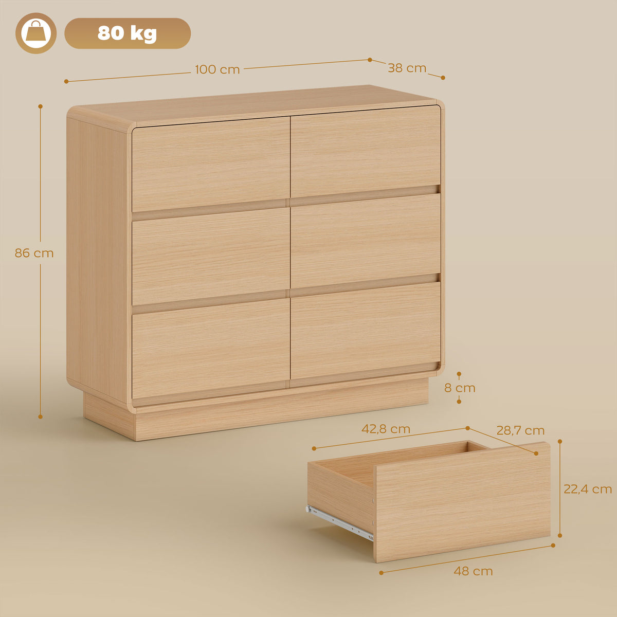 Sideboard 100 cm mit sechs Schubladen