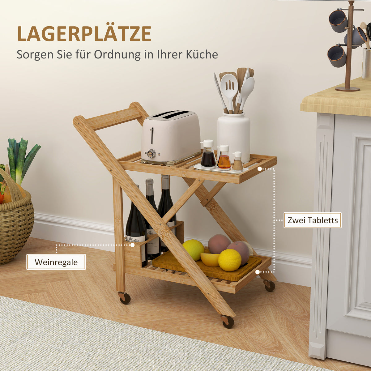 Servierwagen mit zwei Ablagen und Rollen