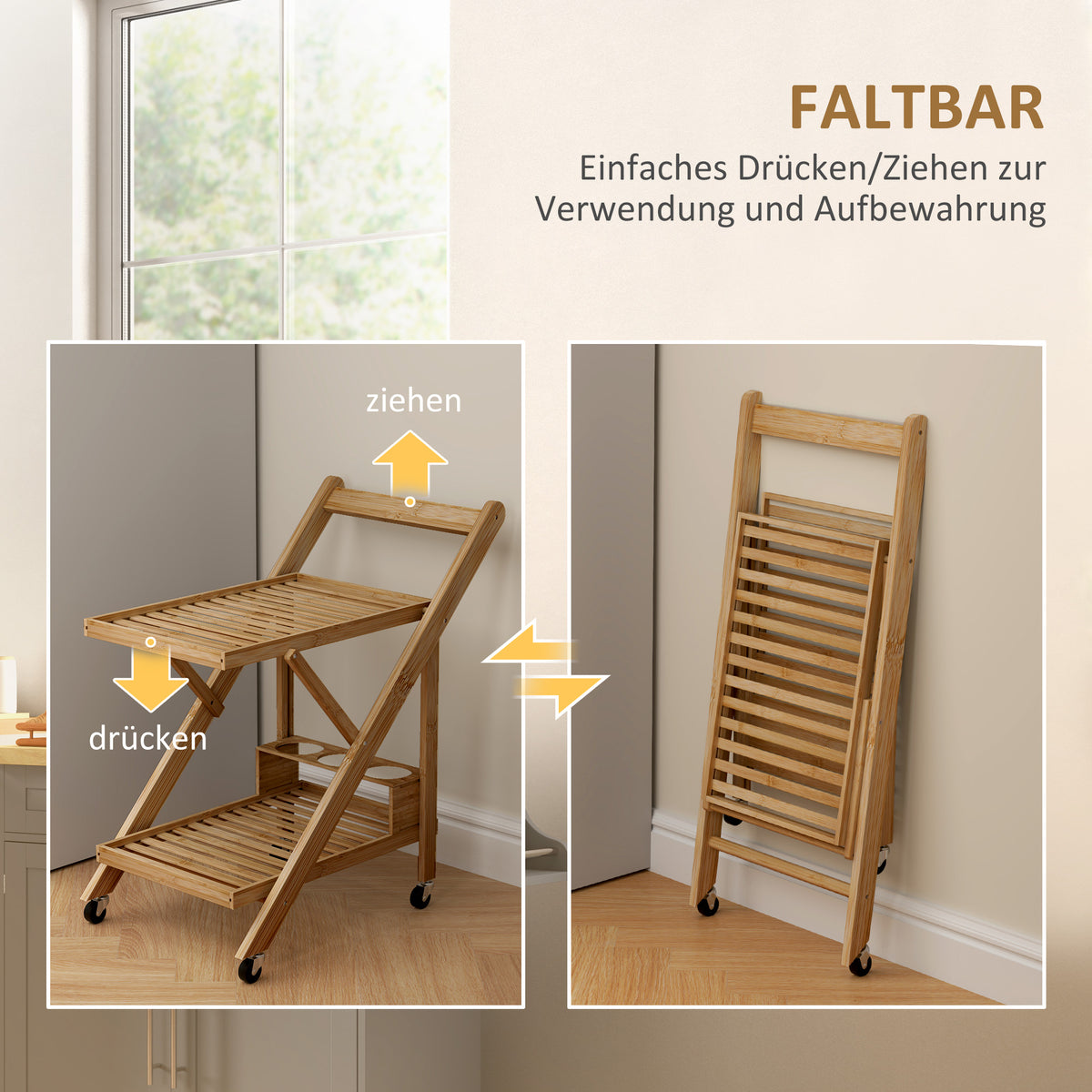 Servierwagen mit zwei Ablagen und Rollen
