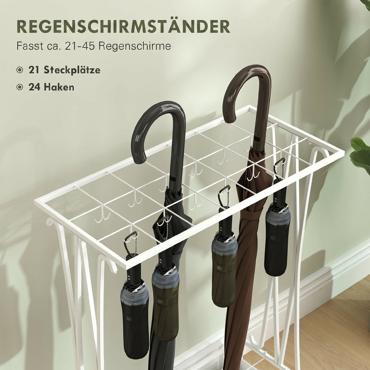 Schirmständer mit 21 Öffnungen und 24 Haken