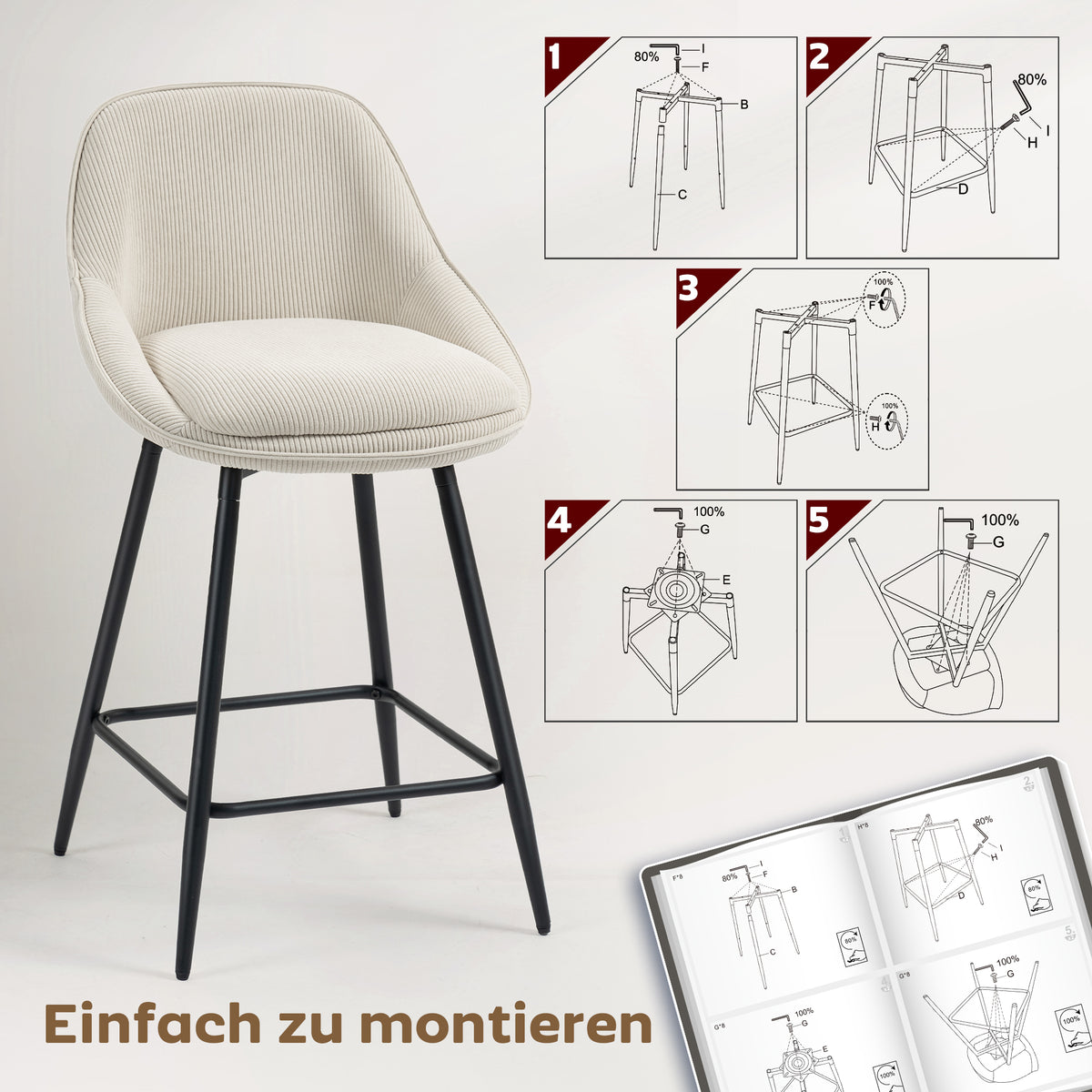 2er-Set drehbare Barhocker mit Cordbezug