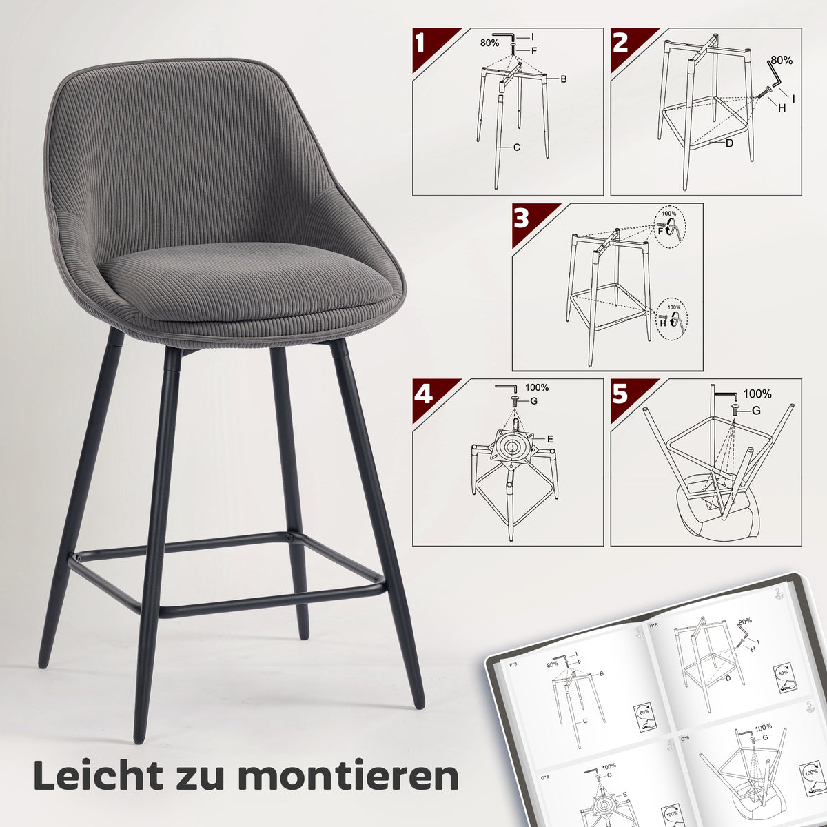 2er-Set drehbare Barhocker mit Cordbezug