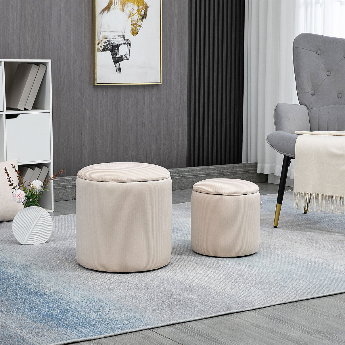Rundes Hocker-Set mit Stauraum und Cordoptik