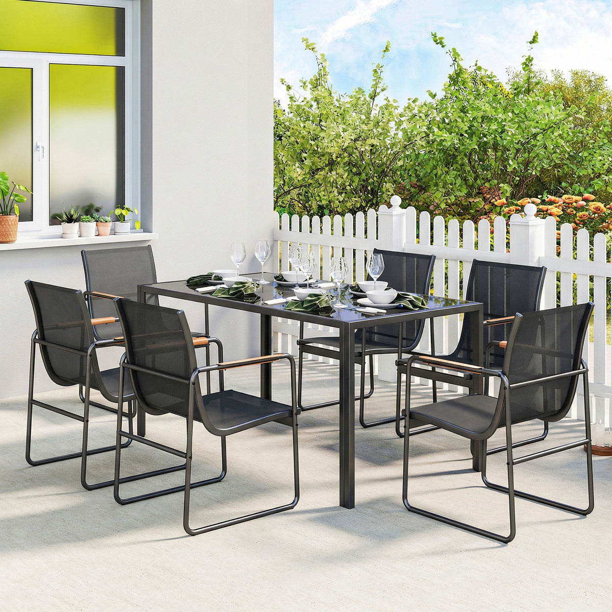 7-teiliges Gartenmöbel-Set mit Glastisch und 6 Stühlen