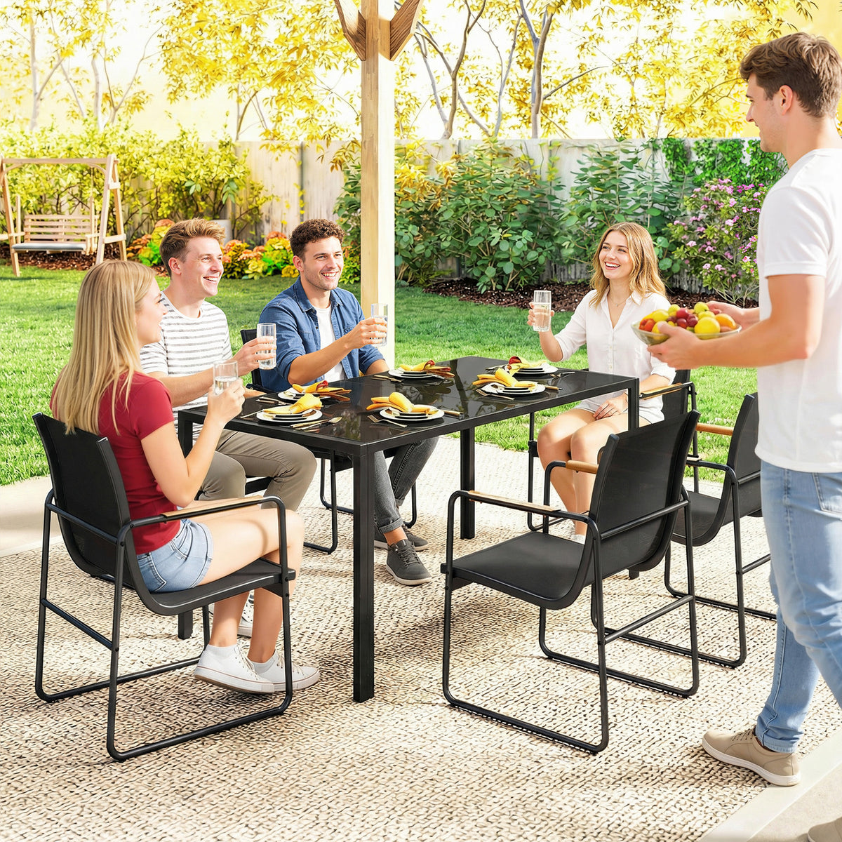 7-teiliges Gartenmöbel-Set mit Glastisch und 6 Stühlen