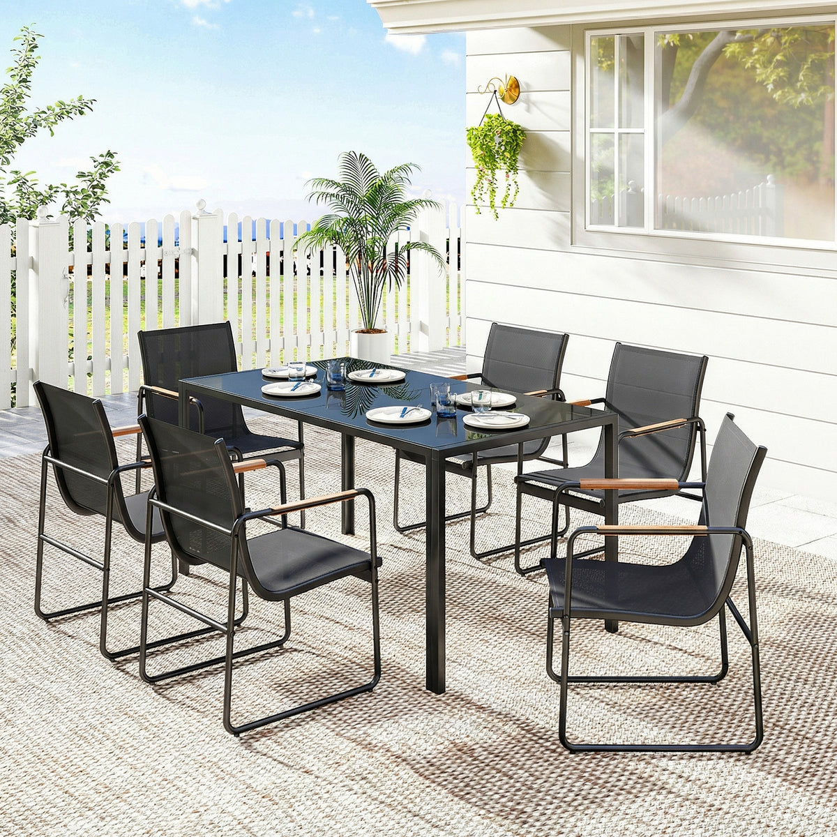 7-teiliges Gartenmöbel-Set mit Glastisch und 6 Stühlen