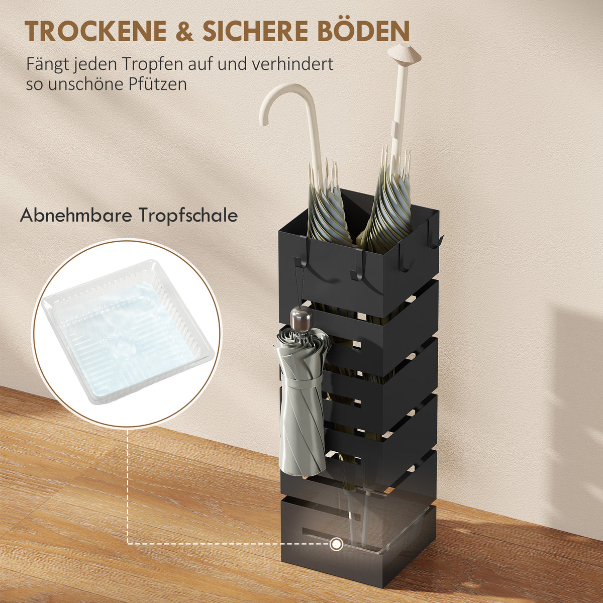 Freistehender Regenschirmständer aus Metall mit Tropfschale