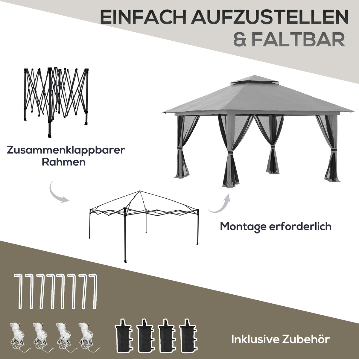 Faltpavillon mit vier Netzwänden und Lüftungsdach