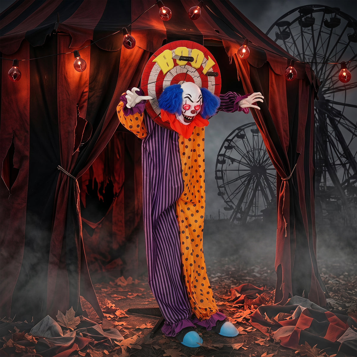 Animierte Halloween-Clown-Deko mit Sound und LED-Augen