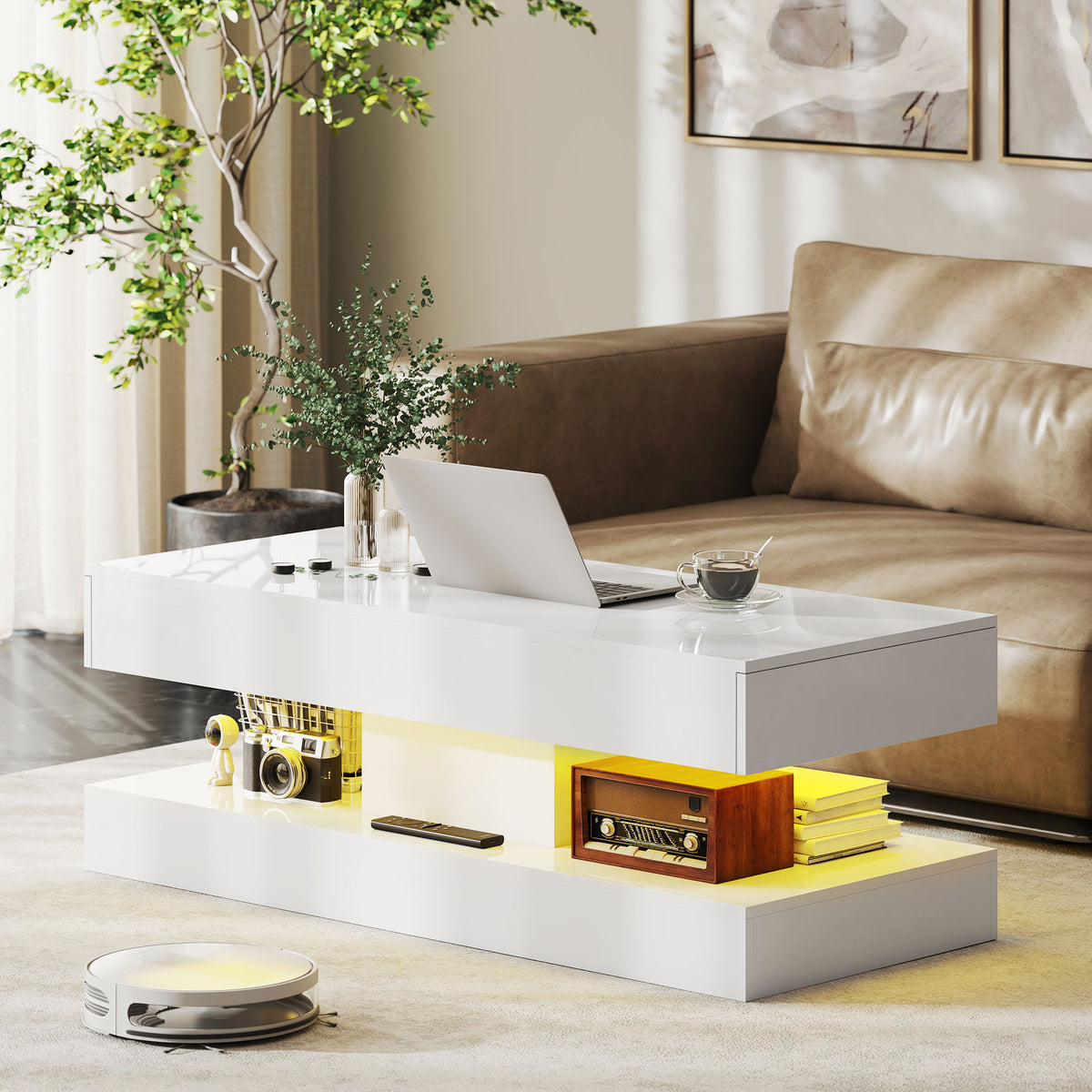 Couchtisch mit LED-Beleuchtung, Schubladen und Ablage