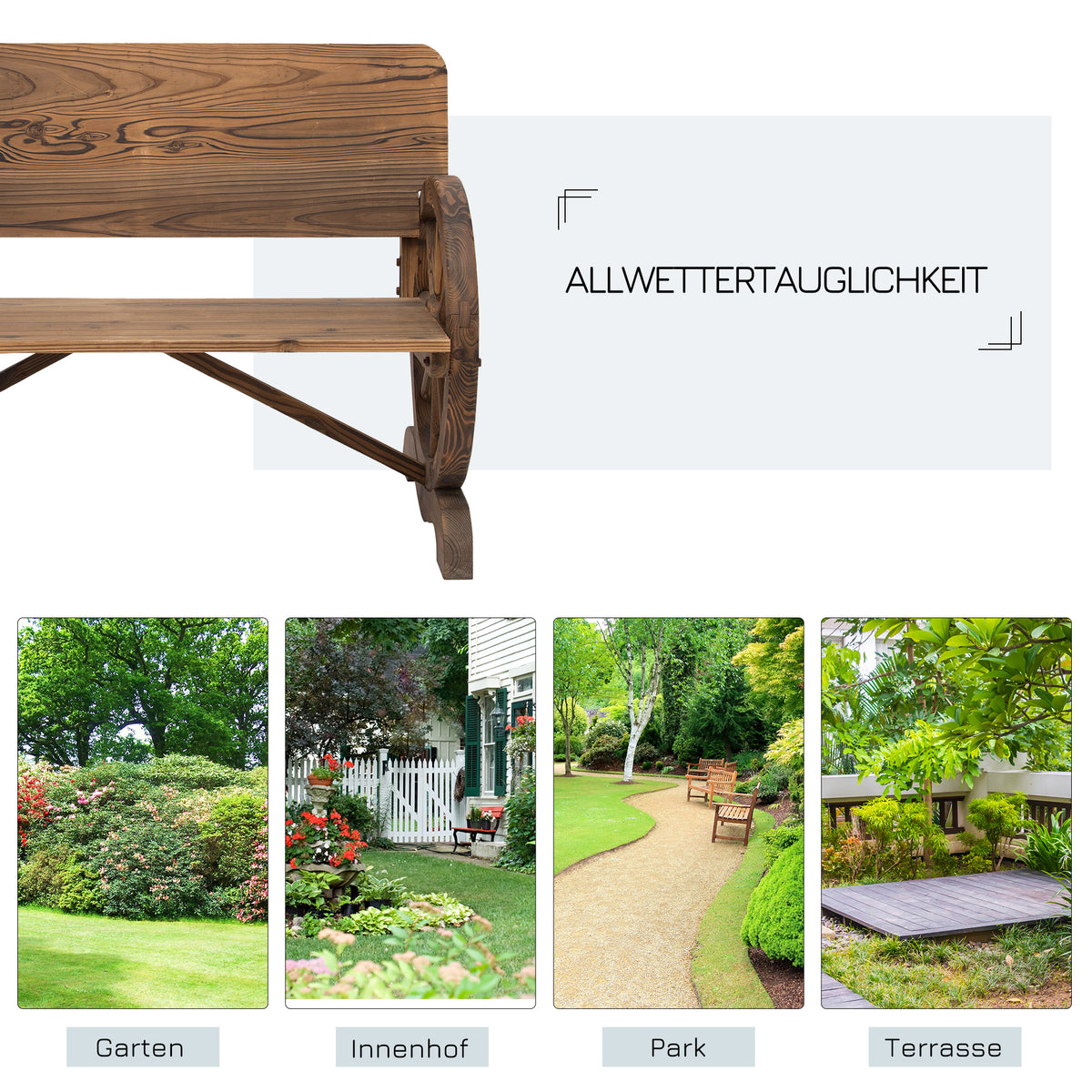 Gartenbank aus Tannenholz mit Wagenrad-Armlehnen