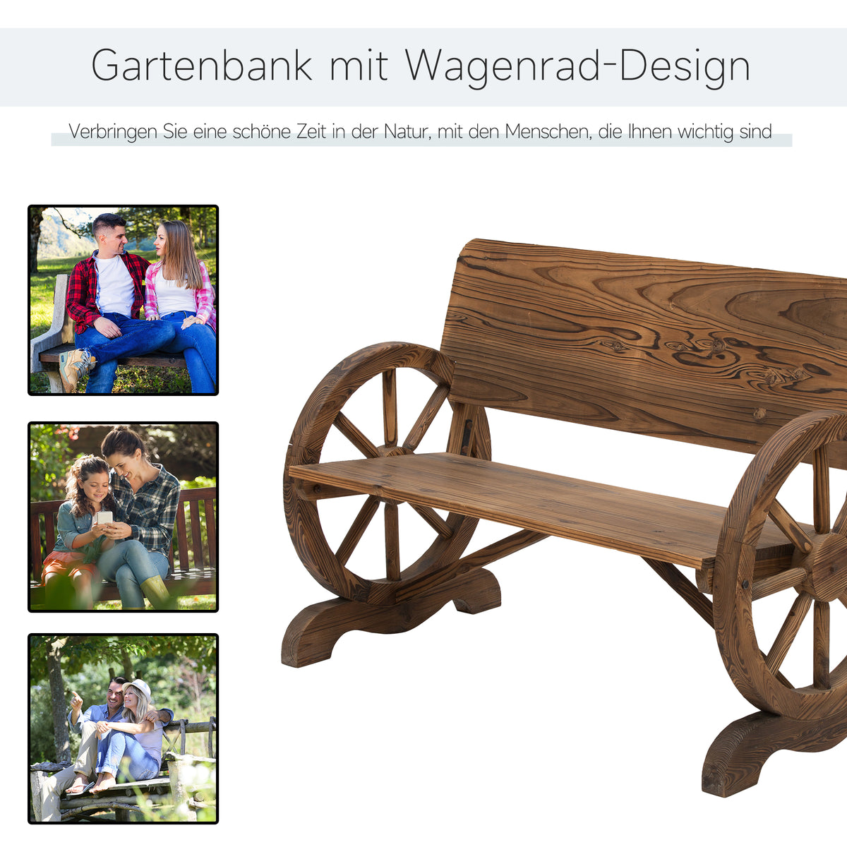 Gartenbank aus Tannenholz mit Wagenrad-Armlehnen